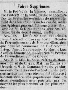 Article Foires supprimées à cause des épidémies Mai 1926