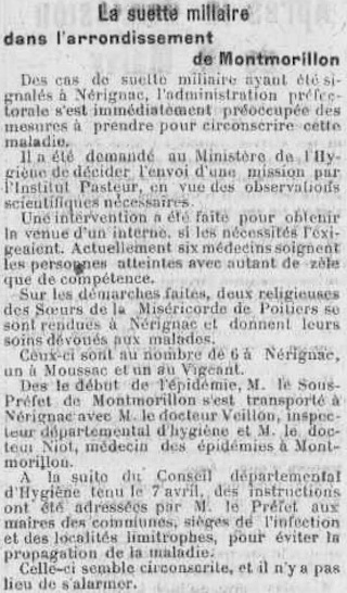 Article suette miliaire La semaine du 3 janvier 1926 au 27 juin 1926