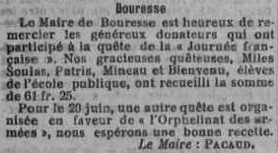Mots du Maire de Bouresse Dons de la population pour les soldats et orphelins de guerre 1915