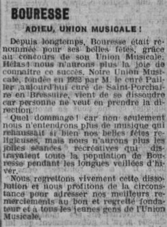 Union musicale de Bouresse, dissolution de l`association, 6 décembre 1936 La Semaine supplément de L`Avenir de la Vienne p.85